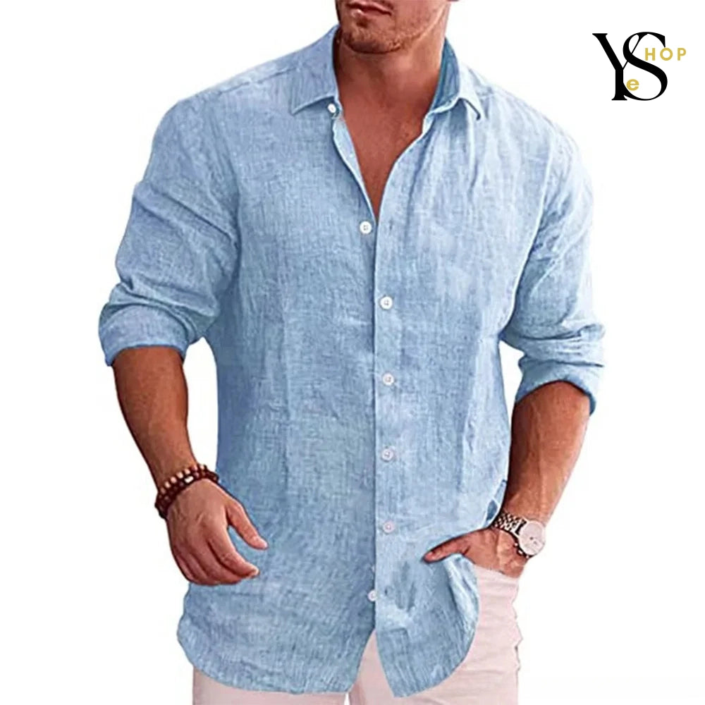 Améliorez votre garde-robe avec notre chemise à manches longues en coton et lin pour homme – Couleur unie, style décontracté et disponible en grandes tailles | YeuroShop