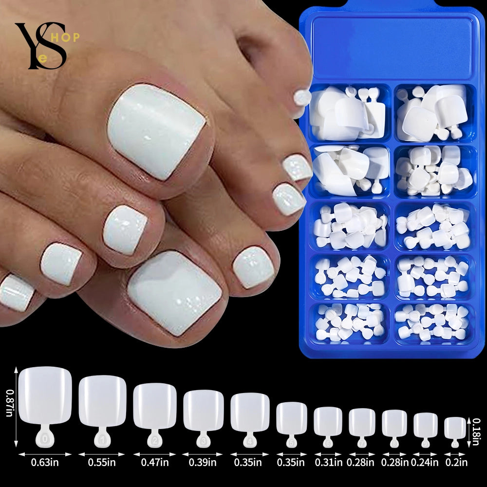 100 puntas de uñas postizas blancas cuadradas cortas: extensiones de dedos acrílicas de cobertura completa para una pedicura impecable.