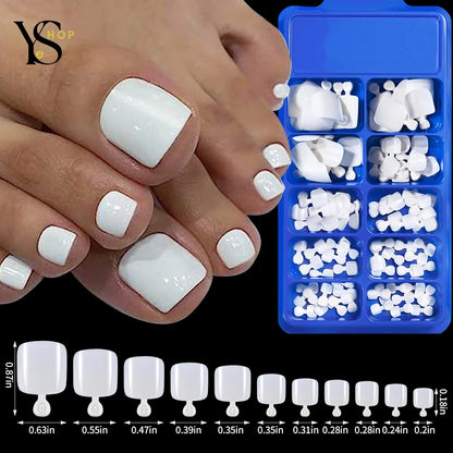 100 puntas de uñas postizas blancas cuadradas cortas: extensiones de dedos acrílicas de cobertura completa para una pedicura impecable.