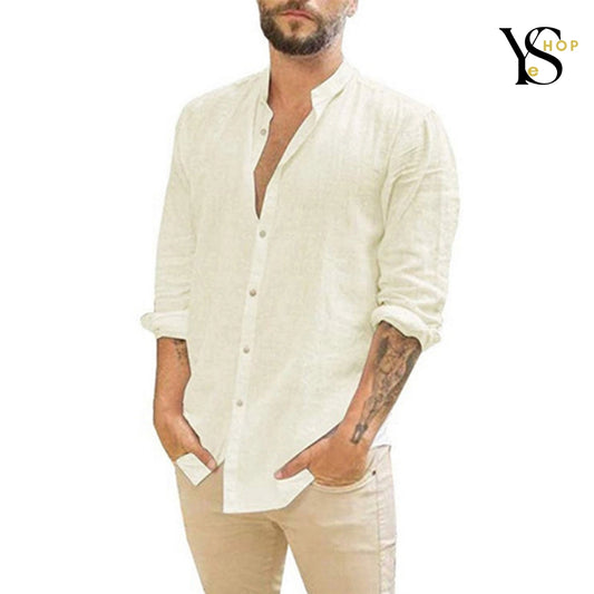 Manténgase elegante este verano con nuestras camisas de manga larga de lino y algodón para hombre: colores sólidos, cuello alto, estilo playero informal y tallas grandes | YeuroShop