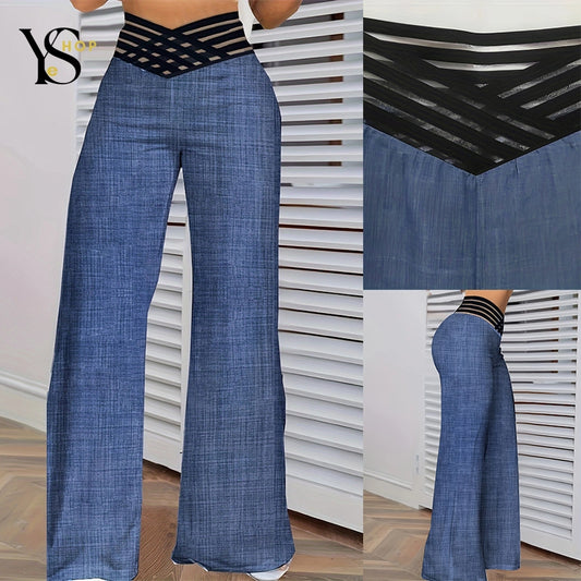 Destaca con estos modernos pantalones anchos acampanados: cintura alta y bolsillos de malla transparente para un look urbano único | YeuroShop