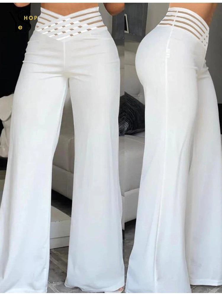 Démarquez-vous avec ce pantalon évasé tendance à jambe large – taille haute et poches en maille transparente pour un look streetwear unique | YeuroShop