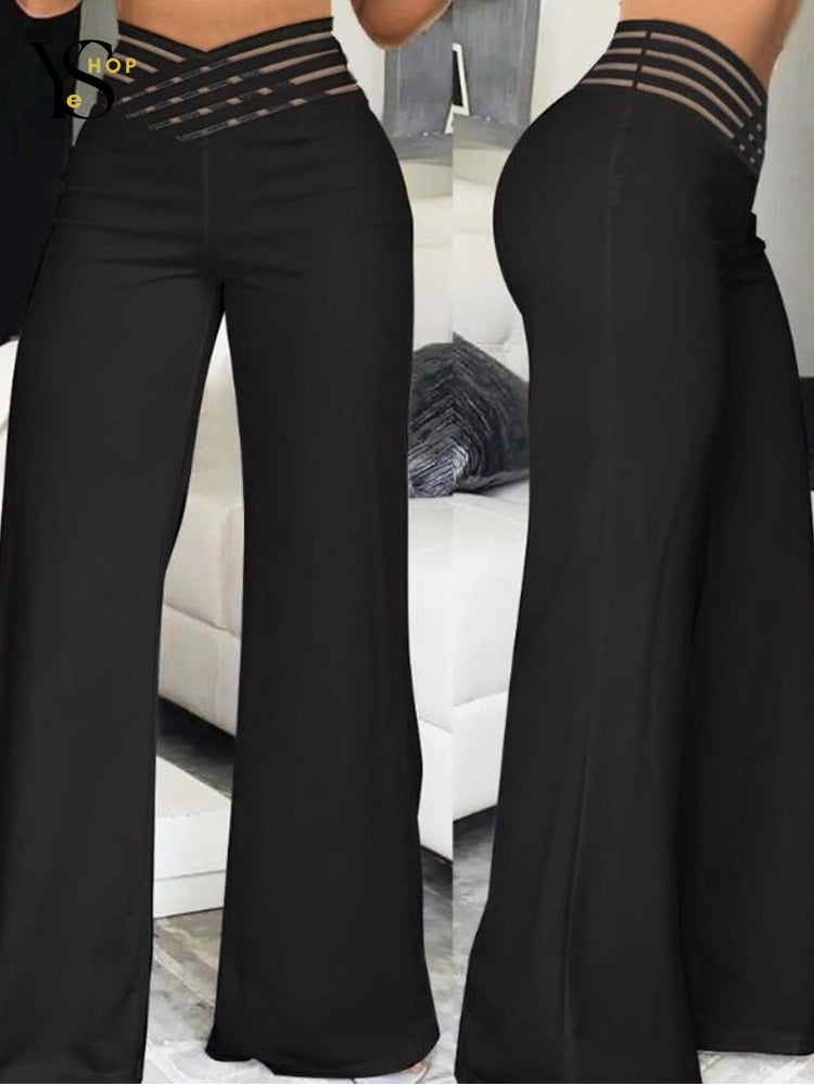 Stand out with These Trendy Wide Leg Flared Pants – High Waist and Sheer Mesh Pockets for a Unique Streetwear Look | YeuroShop