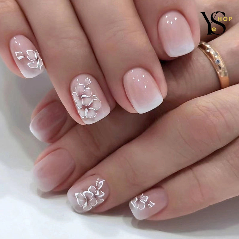 24 uñas postizas cuadradas cortas - Uñas postizas francesas con ondas de flores brillantes