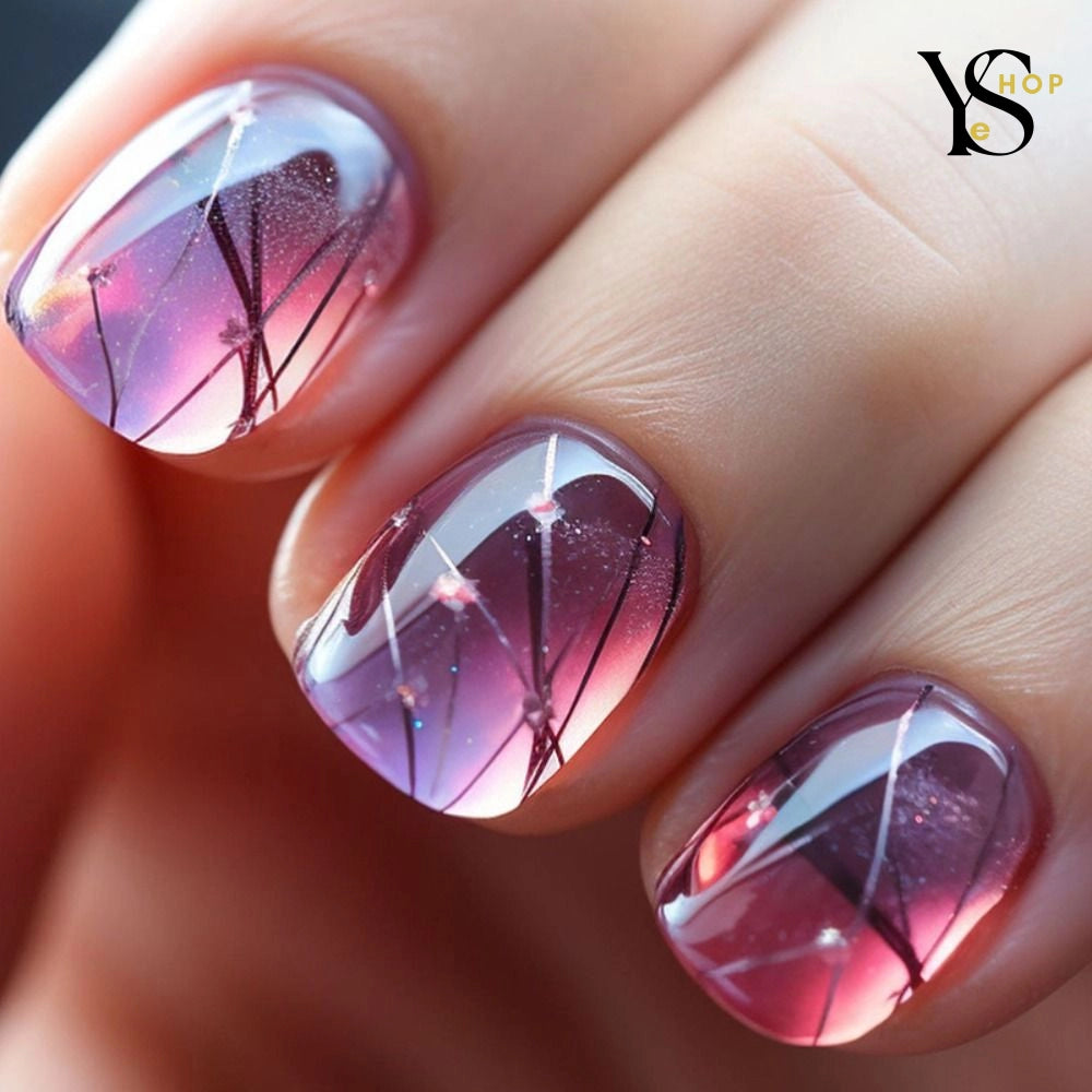 24pcs Short Square False Nails - Glitter Flower Wave French Press-On Nails