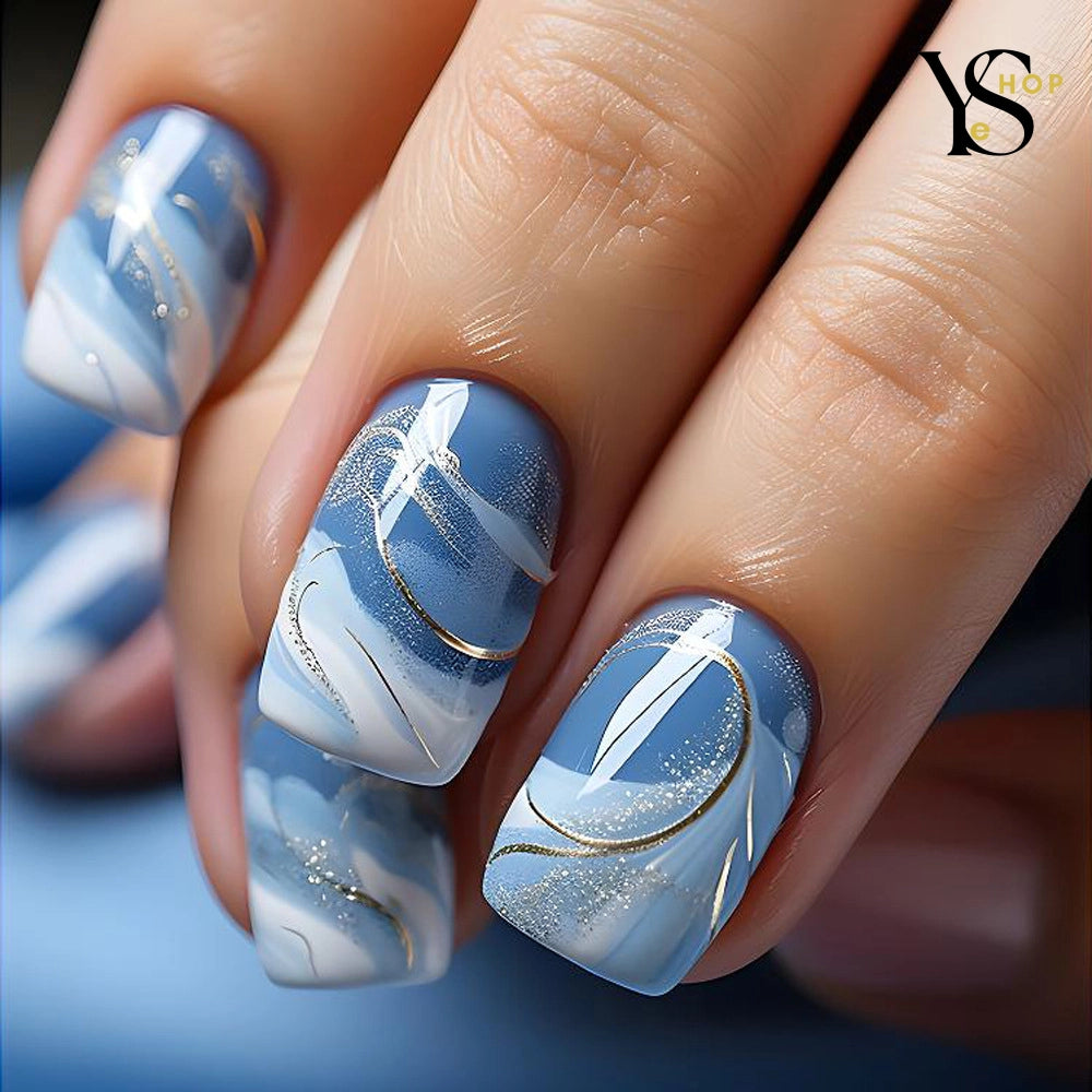 24pcs Short Square False Nails - Glitter Flower Wave French Press-On Nails