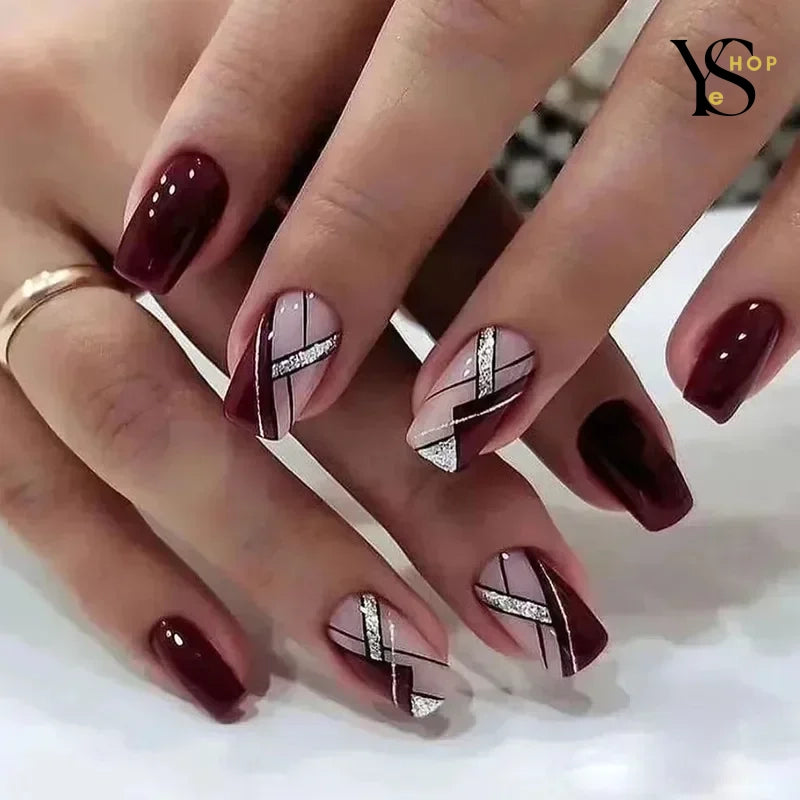 Transforma tu estilo con 24 uñas postizas de color rojo vino con purpurina: elegantes diseños cuadrados y redondos | YeuroShop