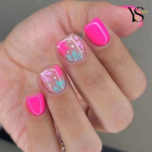 24 uñas postizas cuadradas cortas, diseño de flores coloridas, prensadas con pegamento