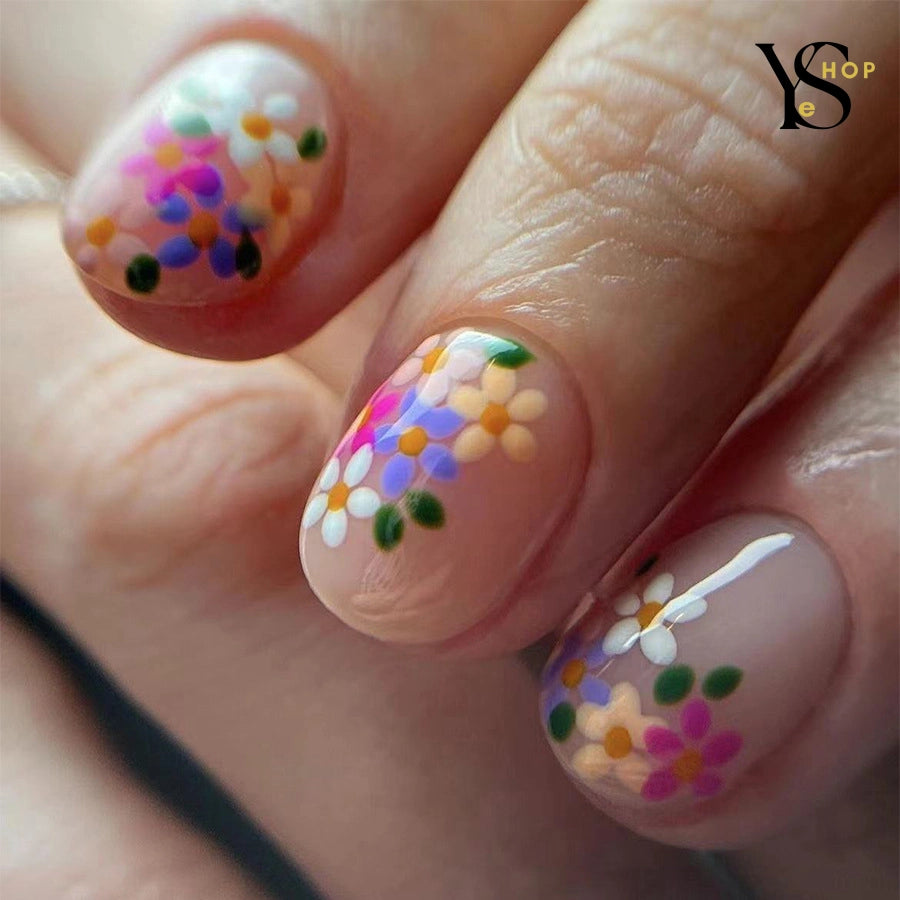 24Pcs Short Square Fake Nails - Colorful Flower Design Press-On with Glue