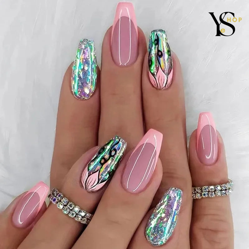 Agregue un estilo vibrante a su apariencia con 24 piezas de puntas de uñas largas para presionar en forma de ataúd: uñas acrílicas brillantes, reutilizables y coloridas