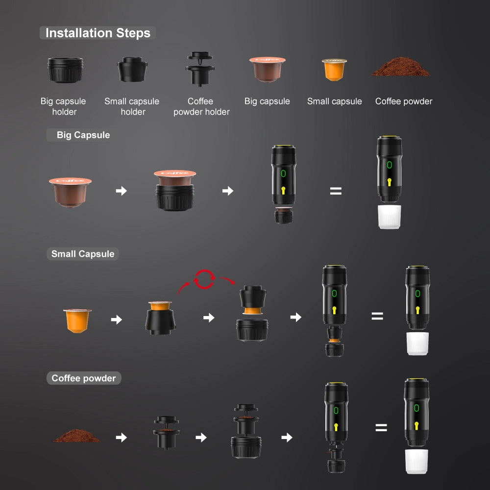 Aparat de cafea espresso portabil electric fără fir – aparat de cafea de călătorie cu capsule și pulbere 3 în 1 | YeuroShop