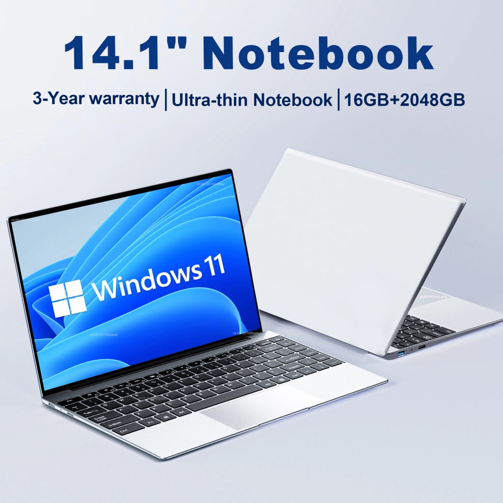 Ordinateur portable ultra-mince de 14,1 pouces | 16 Go de RAM | SSD de 2 To | Intel N3700 | Écran 1920 x 1080 | Windows 11 Pro | YeuroShop