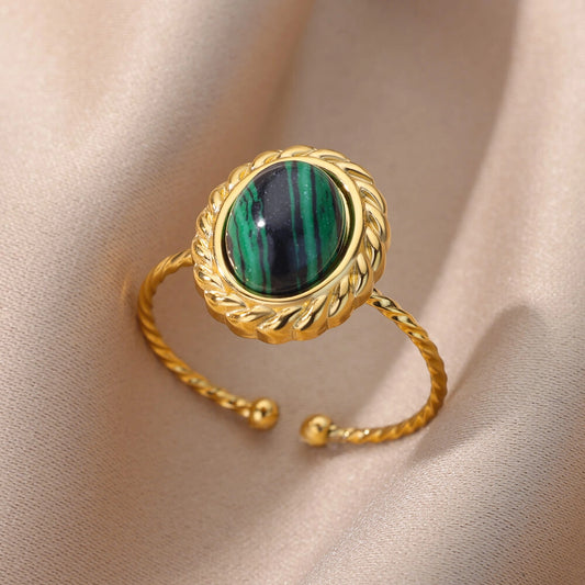 Stainless Steel Green Natural Stone Rings for Women – Vintage 18K Gold Color Opening Ring | YeuroShop