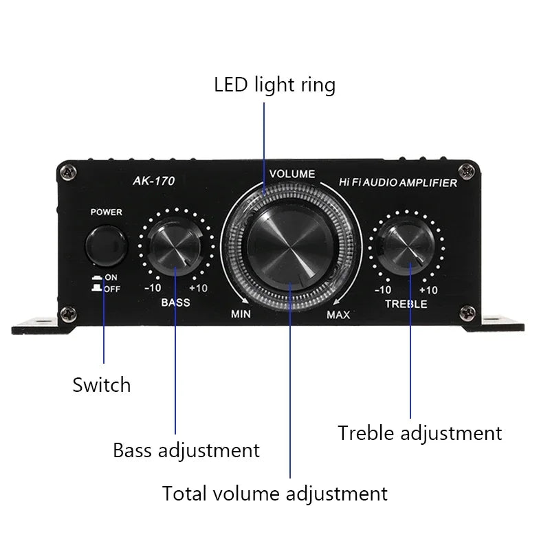 AK170 Mini amplificator de putere audio digital cu lumină albastră | YeuroShop